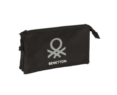 Safta Benetton Basics Portatodo - 3 Compartimentos con Cremalleras - Bolsillo Interior - 0.6L - 220x30x120mm - Color Negro