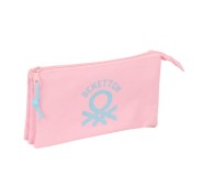Safta Benetton Basics Portatodo - 3 Compartimentos con Cremalleras - Bolsillo Interior - 0.6L - 220x30x120mm - Color Rosa Pastel