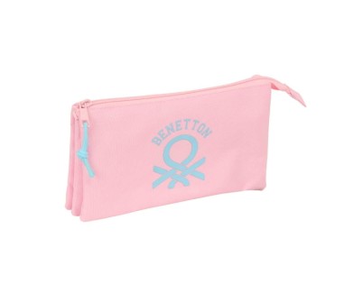Safta Benetton Basics Portatodo - 3 Compartimentos con Cremalleras - Bolsillo Interior - 0.6L - 220x30x120mm - Color Rosa Pastel