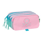 Safta Benetton Dolce Portatodo - 3 Compartimentos con Cremalleras - Bolsillo Frontal - Cinta Adaptable - 1.72L - 215x80x100mm - Color Rosa Pastel