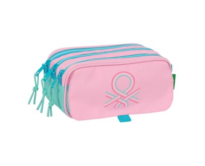 Safta Benetton Dolce Portatodo - 3 Compartimentos con Cremalleras - Bolsillo Frontal - Cinta Adaptable - 1.72L - 215x80x100mm - Color Rosa Pastel