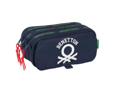 Safta Benetton Together Portatodo - 3 Compartimentos con Cremalleras - Bolsillo Frontal - Cinta Adaptable - 1.72L - 215x80x100mm - Color Azul Marino