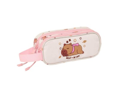 Safta Capibara Portatodo - 2 Compartimentos con Cremallera - Asa Lateral - Capacidad 1L - 21x8x6cm - Color Rosa Pastel