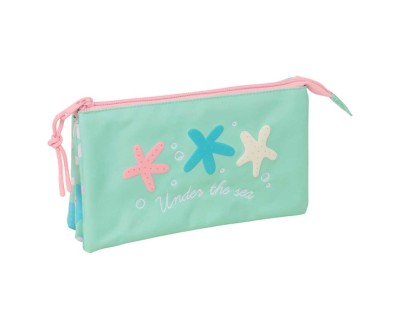 Safta Estrellas Portatodo - 3 Compartimentos con Cremallera - Bolsillo Interior Central - 22x12x3cm - Color Verde
