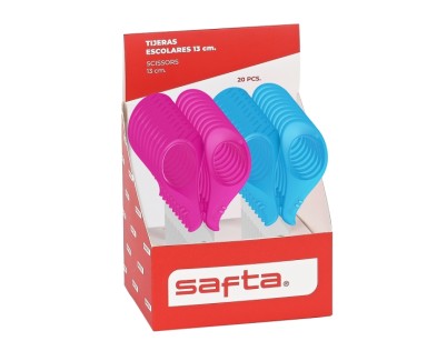 Safta Expositor con 20 Tijeras de 13cm - Asas Ergonomicas - Punta Redonda Segura - Cuchillas de Acero - Colores Surtidos