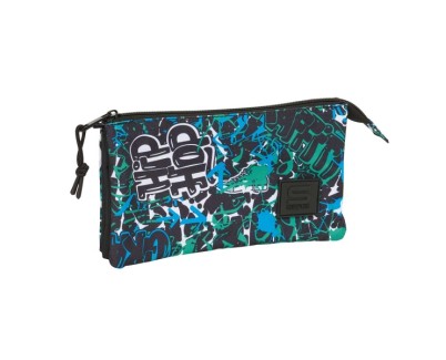 Safta Graffiti Go Portatodo - 3 Compartimentos con Cremalleras - Bolsillo Interior - 0.60L - 220x30x120mm - Color Azul Oscuro