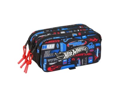 Safta Hot Wheels Portatodo - 3 Compartimentos con Cremalleras - Bolsillo Frontal - Cinta Adaptable - 1.72L - 215x80x100mm - Color Azul