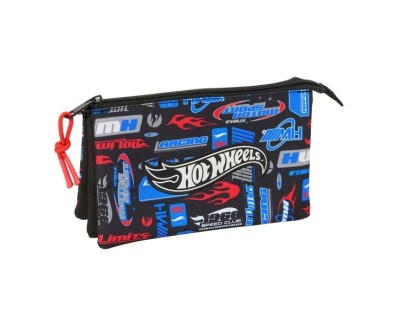 Safta Hot Wheels Portatodo - 3 Compartimentos con Cremalleras - Bolsillo Interior - 0.6L - 220x30x120mm - Color Azul