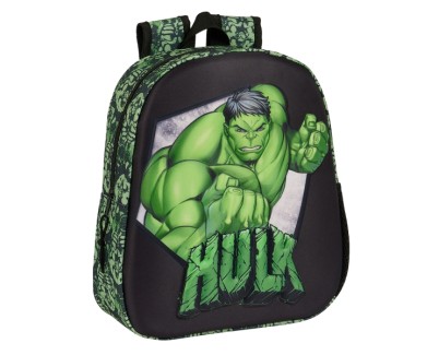 Safta Hulk Mochila 3D - Asa de Mano - Portabotellas Lateral - 27x33x10cm - Color Negro/Verde