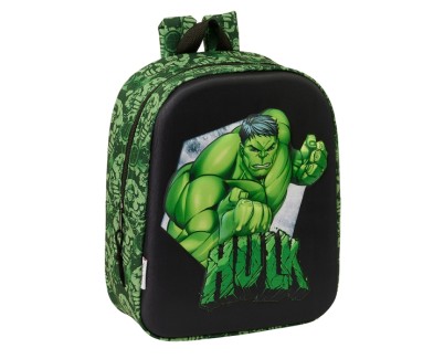 Safta Hulk Mochila Guarderia 3D - Asa de Mano - Compartimento Principal con Cremallera - 22x27x10cm - Color Negro/Verde