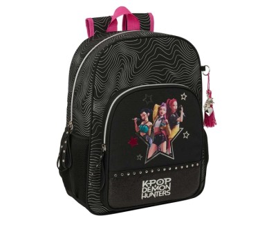 Safta K-Pop Demon Hunters Energy Mochila - Adaptable a Carro - Bolsillo Frontal - Portabotellas - Cremallera con Doble Tirador - Asa de Mano - Espalda Acolchada - 33x42x14cm - Color Negro y Rosa