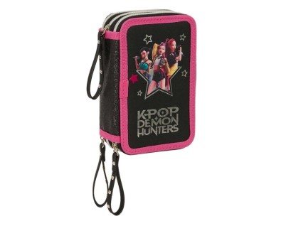 Safta K-Pop Demon Hunters Energy Plumier de 3 Pisos - 37 Piezas - Goma - Lapiz - 2 Boligrafos - Sacapuntas - 2 Reglas - 16 Colores - 14 Rotuladores - 12.5x19.5x5.5cm - Color Negro y Rosa