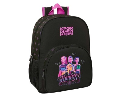 Safta K-Pop Demon Hunters Mochila - Adaptable a Carro - Bolsillo Frontal - Portabotellas - Cremallera con Doble Tirador - Asa de Mano - Hombreras y Espalda Acolchada - 33x42x14cm - Color Negro y Rosa