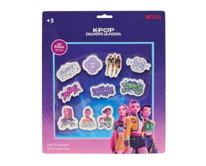 Safta K-Pop Demon Hunters Pack de 10 Gomas de Borrar - 10 Motivos Diferentes - Presentado en Blister - 25x30cm - Multicolor