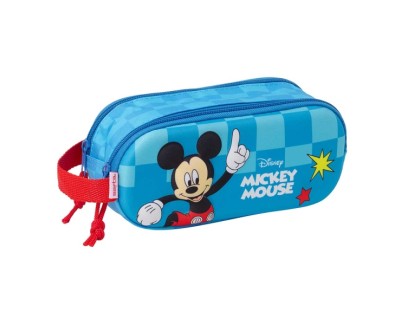 Safta Mickey Mouse Estuche Portatodo 3D de 1L - 2 Compartimentos - Cierre de Cremallera - Asa de Mano - 21x8x6cm - Color Rojo y Azul