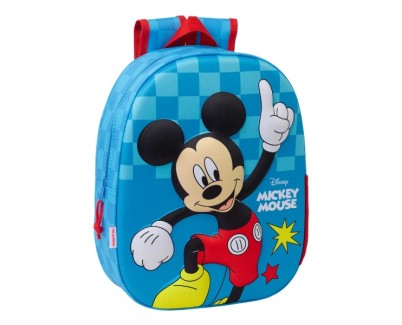 Safta Mickey Mouse Mochila 3D de 8.64L - Portabotellas - Tarjeta de Identificacion Personal - Hombreras Acolchadas - 27x33x10cm - Color Rojo y Azul
