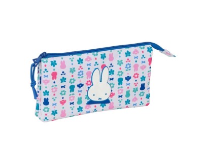 Safta Miffy Bunny Portatodo - 3 Compartimentos con Cremallera - Bolsillo Interior Central - 22x12x3cm - Color Blanco y Azul