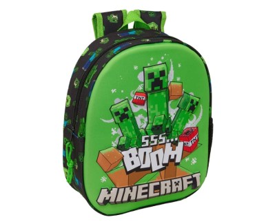 Safta Minecraft Boom Mochila 3D - Portabotellas - Hombreras Acolchadas - Asa de Mano Superior - 27x33x10cm - Color Verde y Negro
