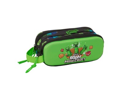 Safta Minecraft Boom Portatodo 3D - 2 Compartimentos con Cremallera - Asa Lateral - Capacidad 1L - 21x8x6cm - Color Verde y Negro
