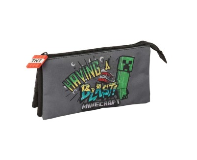 Safta Minecraft Graffiti Portatodo - 3 Compartimentos con Cremallera - Bolsillo Interior Central - 22x12x3cm - Color Gris