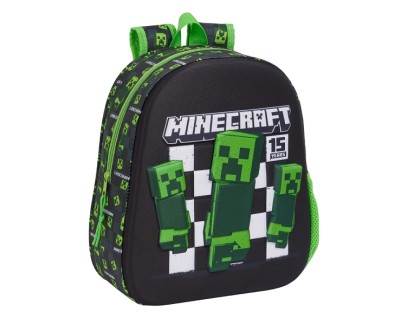 Safta Minecraft Mochila 3D - Asa de Mano - Portabotellas Lateral - 27x33x10cm - Color Negro/Verde