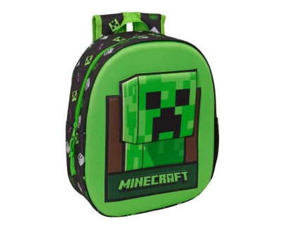 Safta Minecraft Mochila 3D - Portabotellas - Hombreras Acolchadas - Asa de Mano Superior - 27x33x10cm - Color Verde y Negro