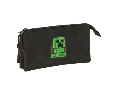 Safta Minecraft Portatodo - 3 Compartimentos con Cremalleras - Bolsillo Interior - 0.6L - 220x30x120mm - Color Negro