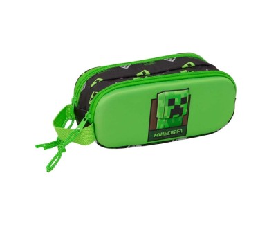 Safta Minecraft Portatodo 3D - 2 Compartimentos con Cremallera - Asa Lateral - Capacidad 1L - 21x8x6cm - Color Verde y Negro
