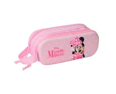 Safta Minnie Mouse Estuche Portatodo 3D de 1L - 2 Compartimentos - Cierre de Cremallera - Asa de Mano - 21x8x6cm - Color Rosa Pastel