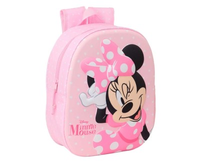 Safta Minnie Mouse Mochila 3D de 8.64L - Portabotellas - Tarjeta de Identificacion Personal - Hombreras Acolchadas - 27x33x10cm - Color Rosa Pastel