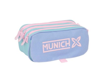 Safta Munich Mellow Portatodo - 3 Compartimentos con Cremalleras - Bolsillo Frontal - Cinta Adaptable - 1.72L - 215x80x100mm - Color Azul Claro