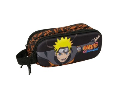 Safta Naruto Portatodo 3D - 2 Compartimentos con Cremallera - Asa Lateral - Capacidad 1L - 21x8x6cm - Color Negro y Naranja