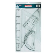 Safta Pack de 4 Reglas - Regla de 30cm - Escuadra de 25cm - Cartabon de 25cm - Semicirculo Transportador de Angulos - Biselado - Color Transparente