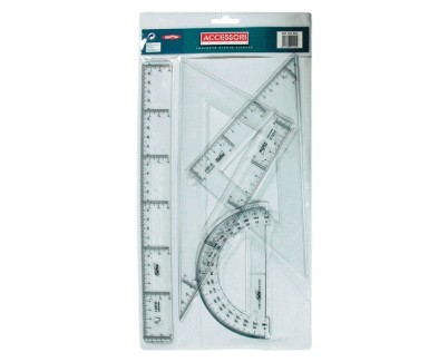 Safta Pack de 4 Reglas - Regla de 30cm - Escuadra de 25cm - Cartabon de 25cm - Semicirculo Transportador de Angulos - Biselado - Color Transparente