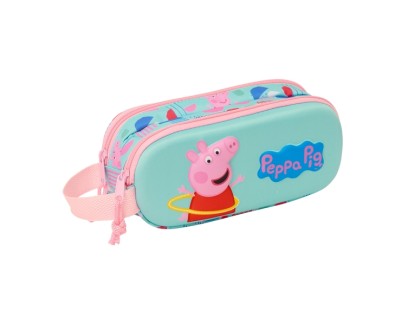 Safta Peppa Pig Estuche Portatodo 3D - 2 Compartimentos - Asa de Mano - 21x8x6cm - Color Azul Claro