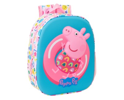 Safta Peppa Pig Mochila 3D - Asa de Mano - Portabotellas Lateral - 27x33x10cm - Color Azul/Rosa