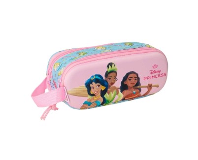 Safta Princesas Disney Estuche Portatodo 3D de 1L - 2 Compartimentos - Cierre de Cremallera - Asa de Mano - 21x8x6cm - Color Azul Claro