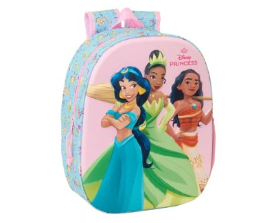 Safta Princesas Disney Mochila 3D de 8.64L - Portabotellas - Tarjeta de Identificacion Personal - Hombreras Acolchadas - 27x33x10cm - Color Azul Claro