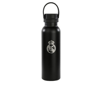 Safta Real Madrid 2&ordf; Equipacion 24/25 Botella Reutilizable 600ml - Doble Pared con Aislamiento - Base de Silicona - Conserva Temperatura 12h Caliente / 24h Caliente - 25x7.3x7.3cm - Color Negro