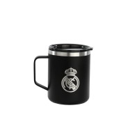 Safta Real Madrid 2ª Equipacion 24/25 Taza de Acero Inoxidable 350ml - Doble Pared con Aislamiento - Base de Silicona - Conserva Temperatura 12h Caliente / 24h Caliente - 10.7x8.4x8.4cm - Color Negro