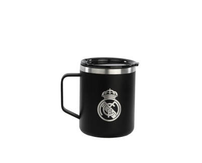 Safta Real Madrid 2ª Equipacion 24/25 Taza de Acero Inoxidable 350ml - Doble Pared con Aislamiento - Base de Silicona - Conserva Temperatura 12h Caliente / 24h Caliente - 10.7x8.4x8.4cm - Color Negro