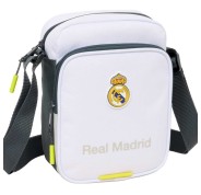 Safta Real Madrid Bandolera de 2L - Ajustable - Bolsillo Trasero con Velcro - Cierre con Cremallera - 16x22x6cm - Color Blanco y Negro
