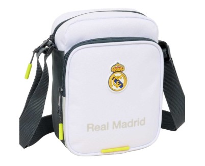 Safta Real Madrid Bandolera de 2L - Ajustable - Bolsillo Trasero con Velcro - Cierre con Cremallera - 16x22x6cm - Color Blanco y Negro