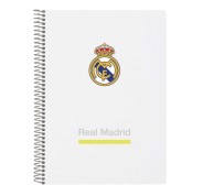 Safta Real Madrid Cuaderno Espiral - Tapas Duras - 80 Hojas A4 con Cuadriculada 4X4mm - Formato Cuarto - 15.5x22x1cm - Color Blanco y Negro