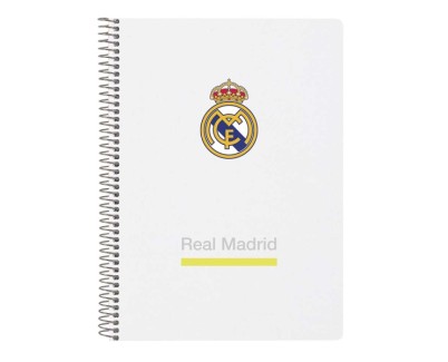 Safta Real Madrid Cuaderno Espiral - Tapas Duras - 80 Hojas A4 con Cuadriculada 4X4mm - Formato Cuarto - 15.5x22x1cm - Color Blanco y Negro