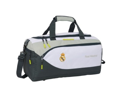 Safta Real Madrid Equipacion 25/26 Bolsa Deporte - Asa de Mano - Bandolera Ajustable y Extraible - 50x25x25cm - Color Blanco/Negro