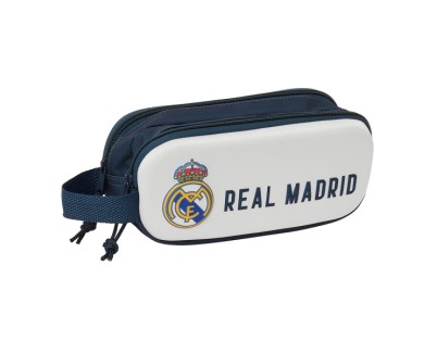 Safta Real Madrid Estuche Portatodo 3D - 2 Compartimentos - Asa de Mano - 21x8x6cm - Color Blanco/Negro