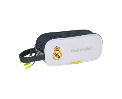 Safta Real Madrid Estuche Portatodo de 1.25L - 3 Compartimentos - Asa de Mano - Cierre de Cremallera - 21x8.5x7cm - Color Blanco y Negro