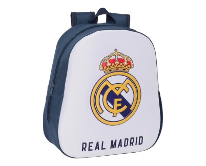 Safta Real Madrid Mochila 3D - Asa de Mano - Portabotellas Lateral - 27x33x10cm - Color Blanco/Negro