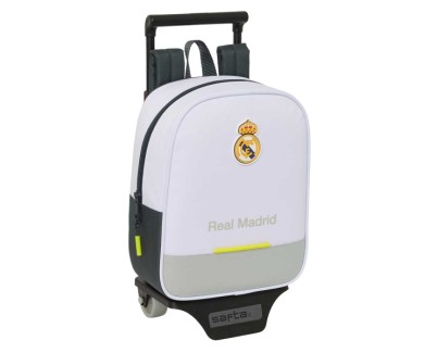 Safta Real Madrid Mochila de 6L con Carro 805 Integrado - Extraible para Lavado - Tarjeta de Identificacion Personal - Carro de PP y PVC Resistentes - 22x27x10cm - Color Blanco y Negro